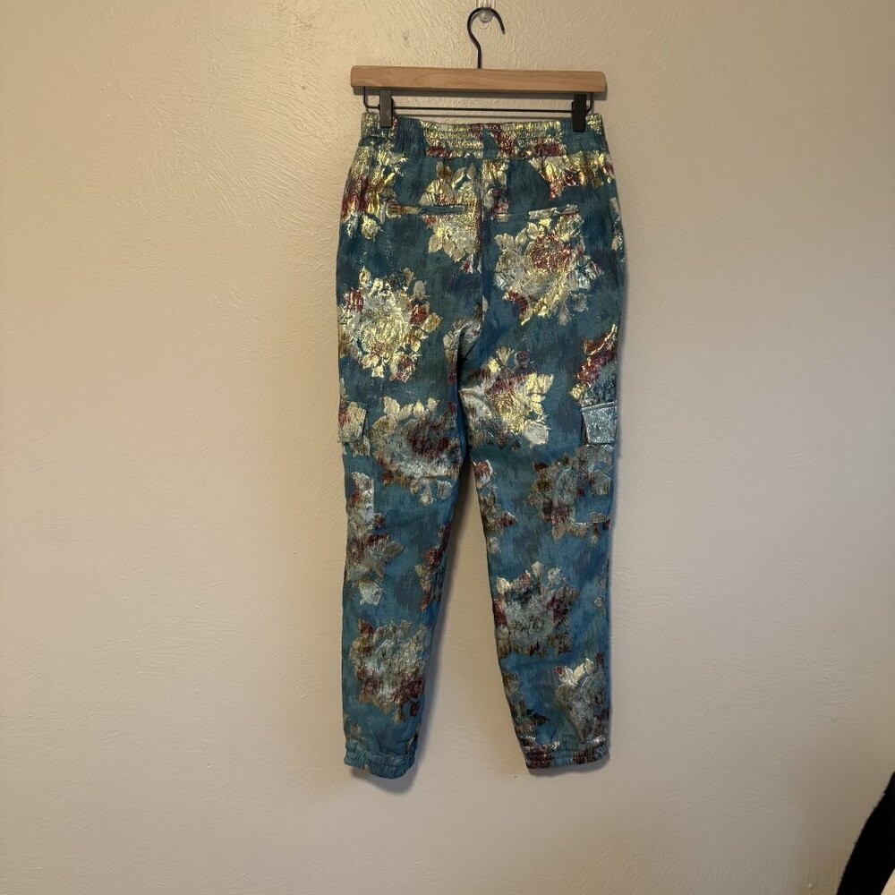 Anthropologie Blue Gold Floral Detail Pants Size XS